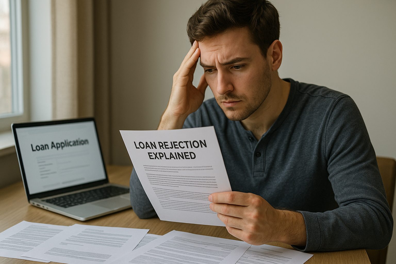 Man reading a personal loan rejection letter at home.