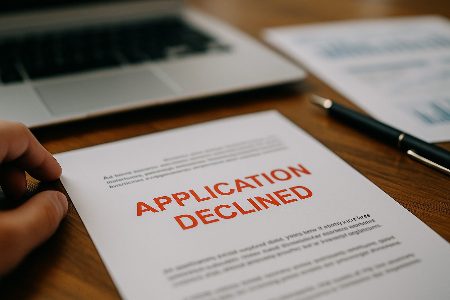 A woman speaking with a loan officer inside a modern bank office after her application was declined.
