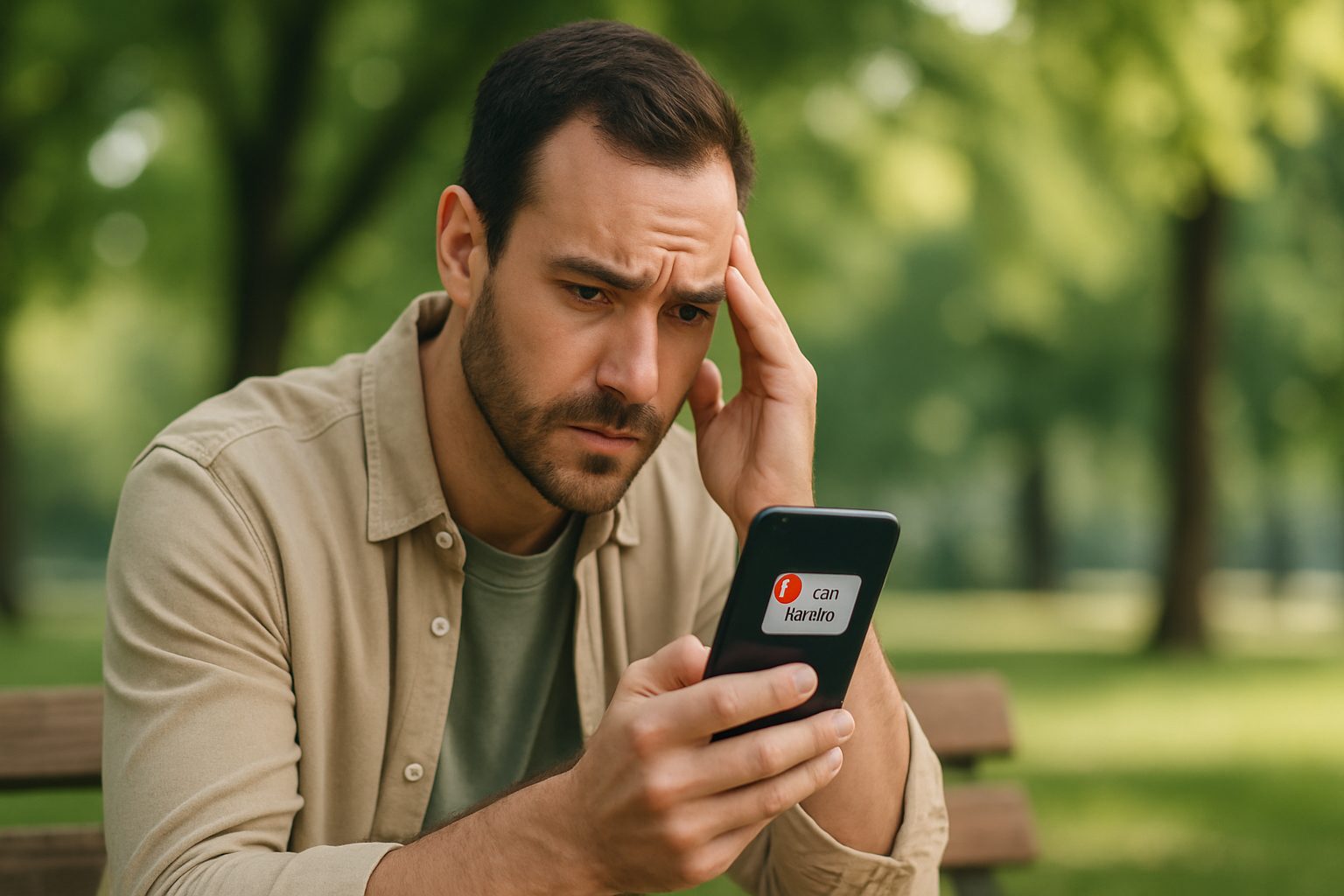 Man sitting on a park bench looking at a loan rejection notification on his phone.