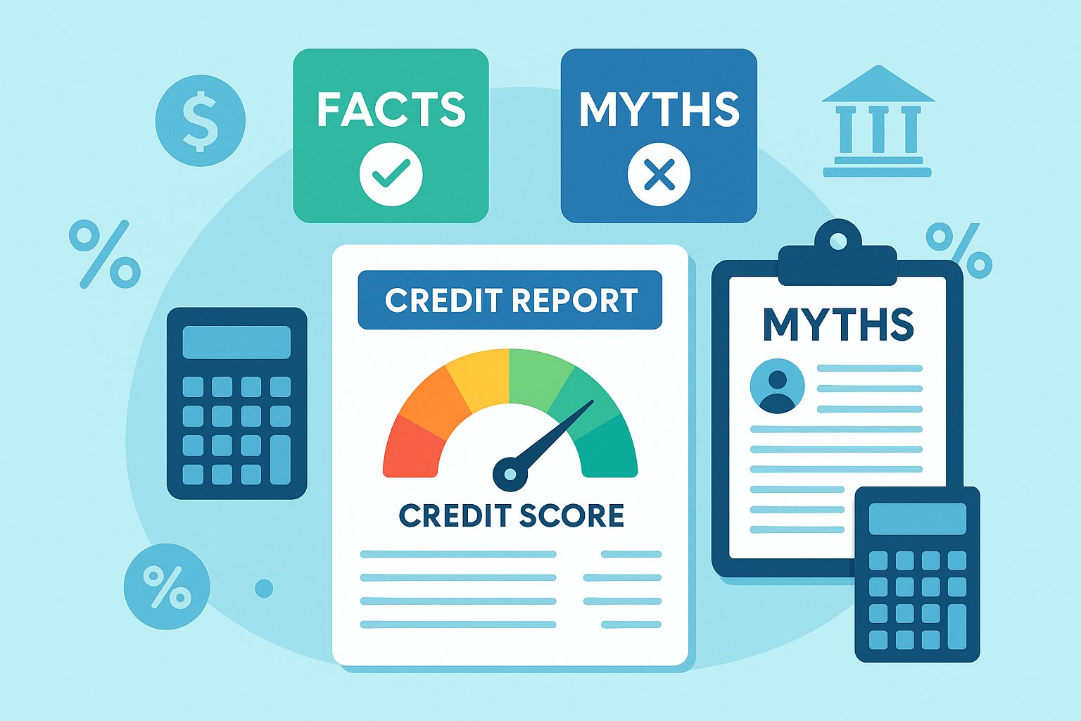 A financial illustration showing a credit report, score meter, calculator, and icons for myths and facts, visually explaining credit score myths and facts.