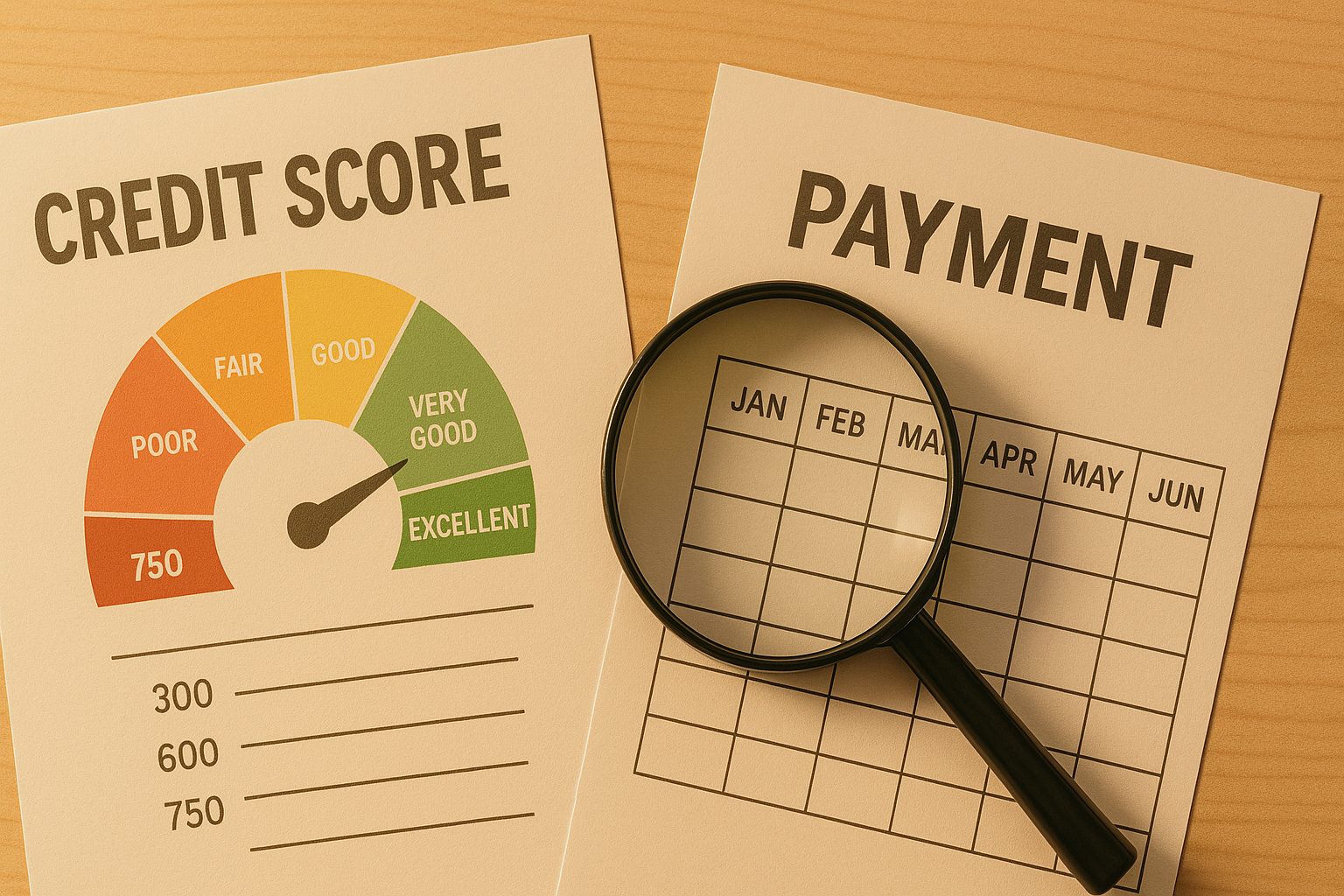 A flat lay of a credit score chart, payment history sheet, and magnifying glass on a wooden desk, symbolizing the importance of understanding credit score myths and facts.