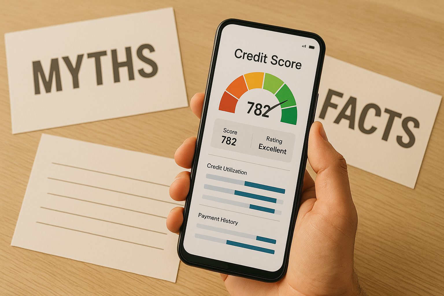 A person holding a smartphone showing a credit score dashboard, with documents labeled myths and facts, illustrating common credit score myths and facts.